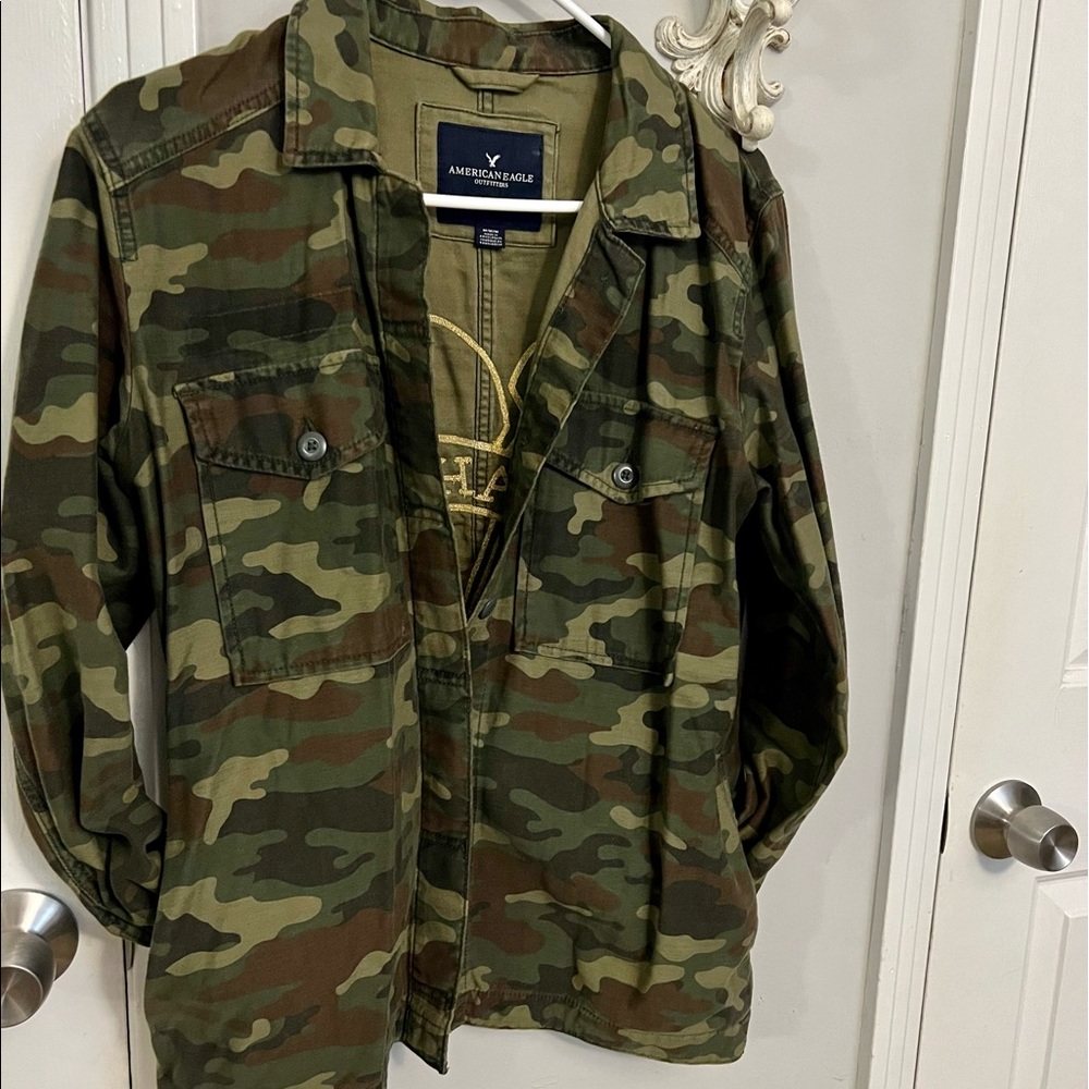 American Eagle e jacket with gold embroidery on back